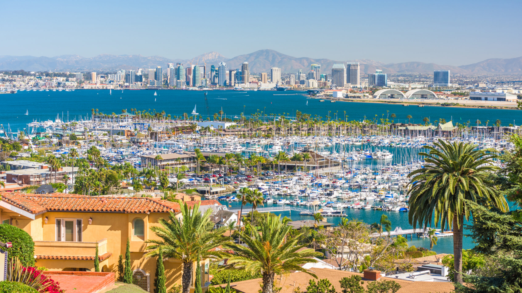 San Diego, California, USA cityscape over the bay.