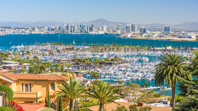 San Diego, California, USA cityscape over the bay.